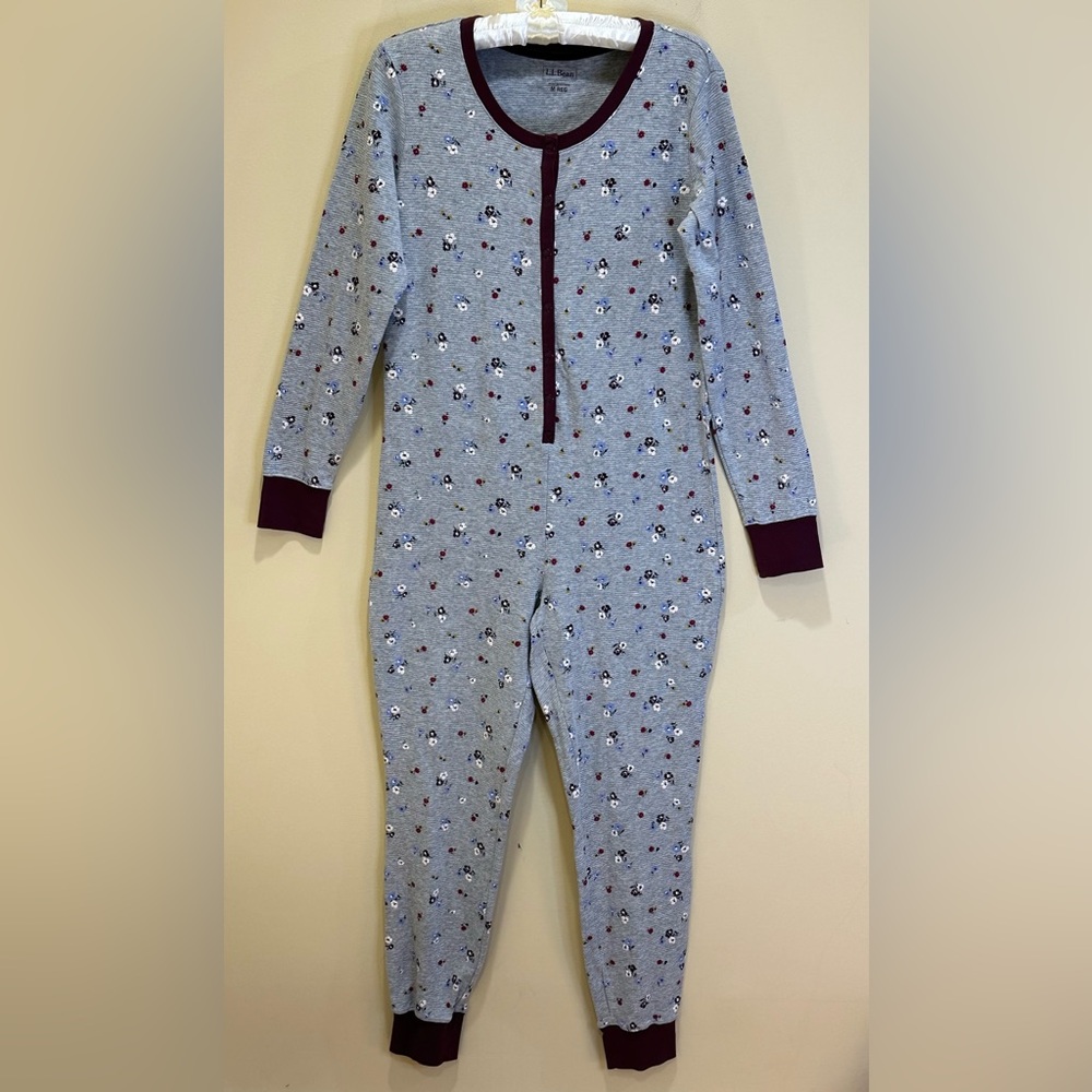 LL Bean Gray & Burgundy Floral Waffle Henley Union Suit One Piece Pajama M